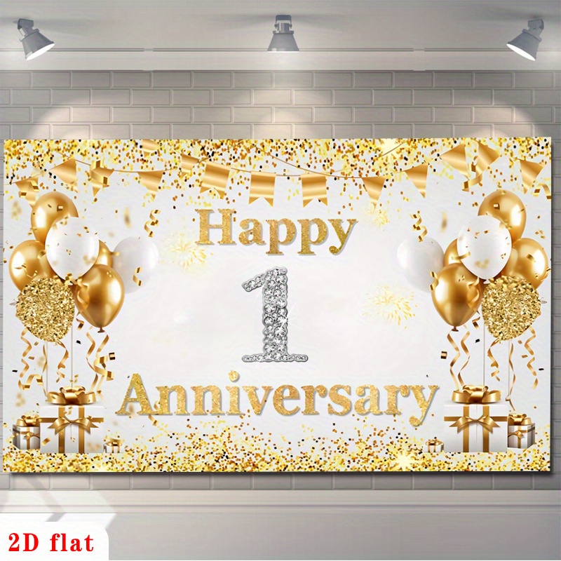 Party Banner Gold - 2D Flaches Gold-Weißes Happy 1st Anniversary