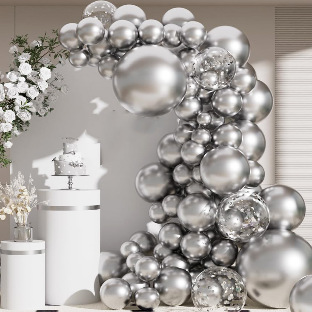 Balloon Arch Kit - 68 Stück Metallic-Silber-Luftballons, Girlandenbogen-Set, Chrom-Silber, Konfetti,