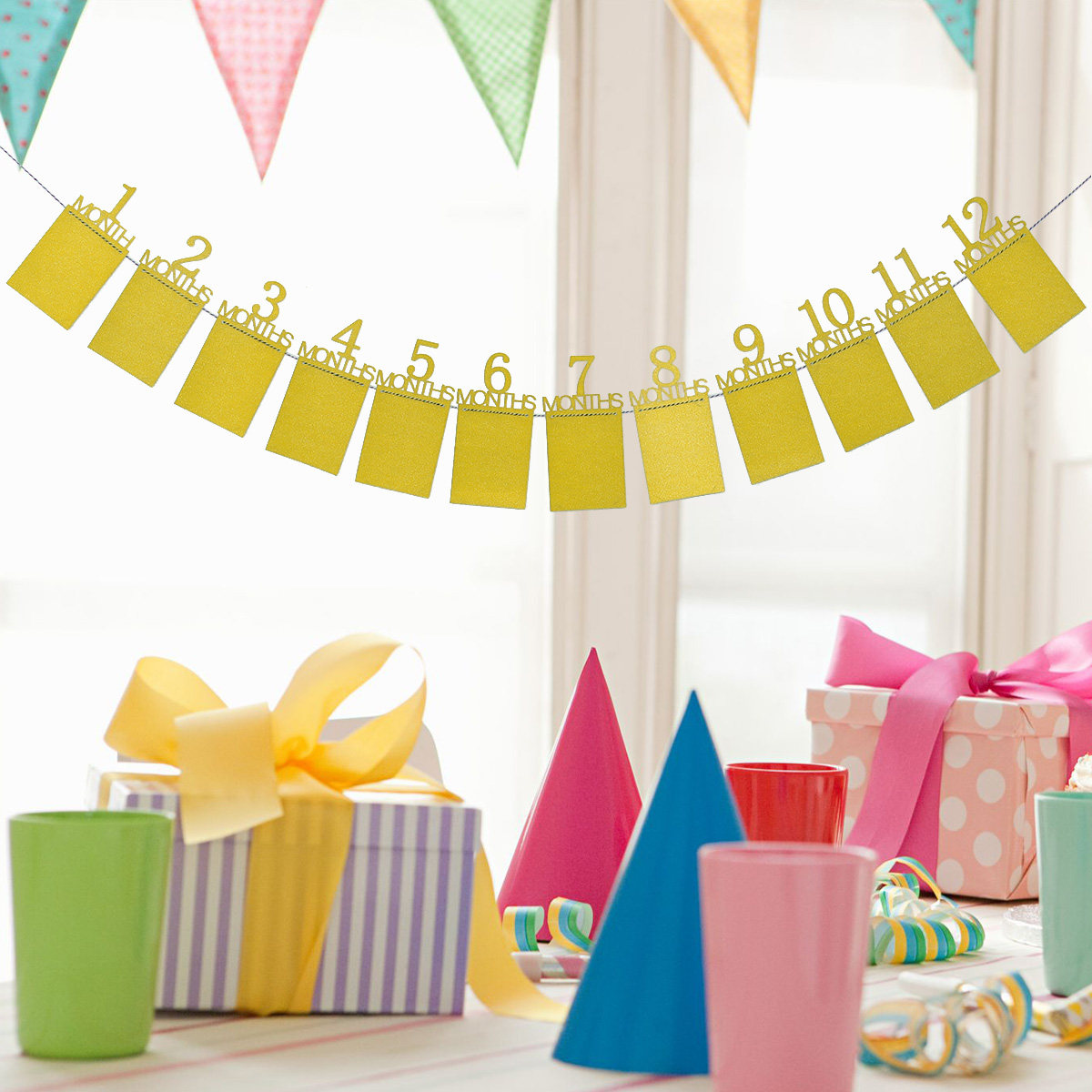 Party Banner Gold - 12-Monats-Gold-Baby-Geburtstags-Fotowand-Banner, handgemachte Dekoration für Indoor- und